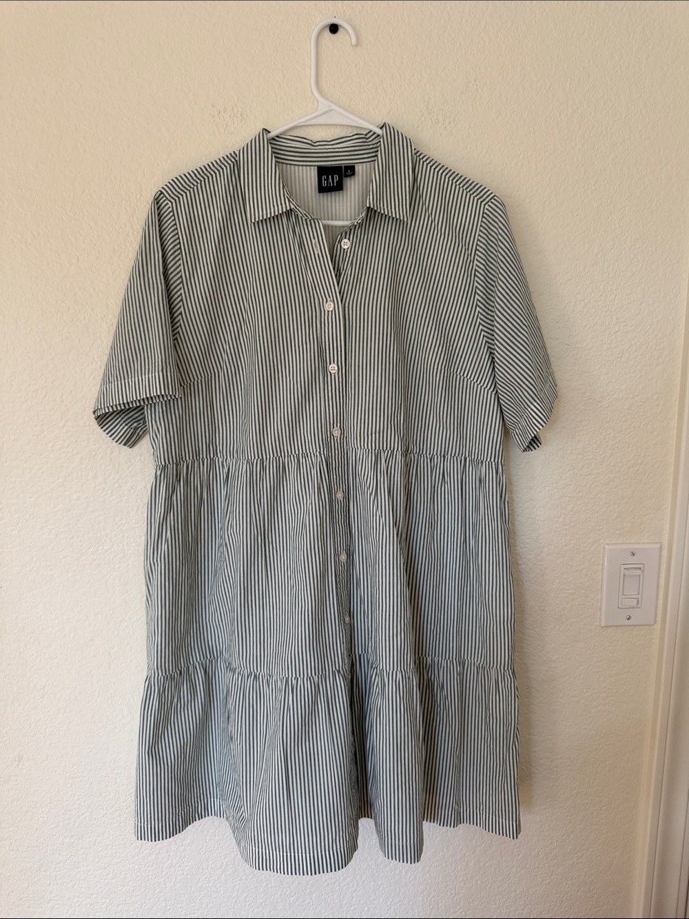 GAP Vertical Stripe Tiered Button-Front Dress in sage green and White large